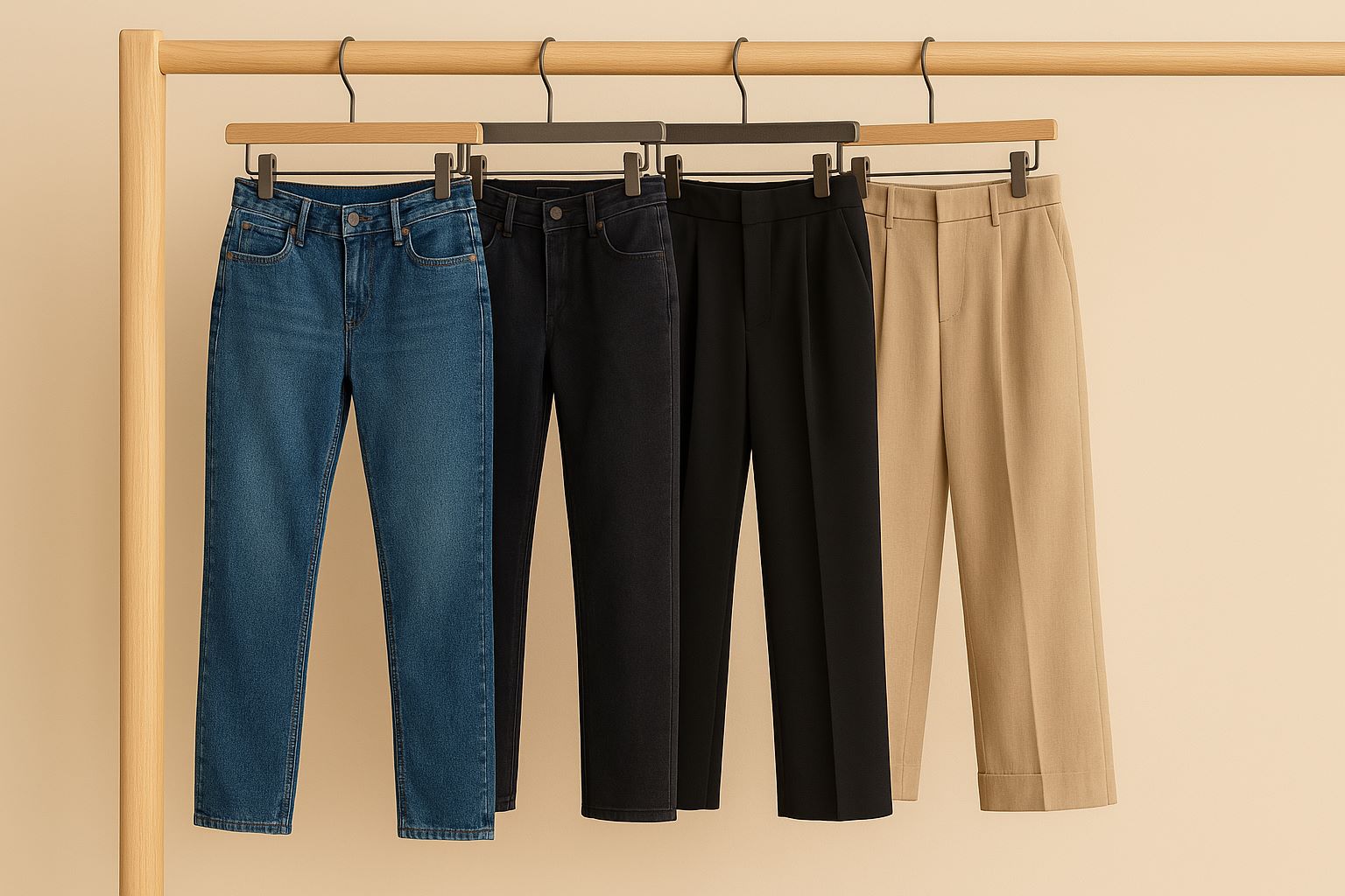 A stylish collection of jeans and trousers displayed on hangers, showcasing various elegant styles and fabrics.
