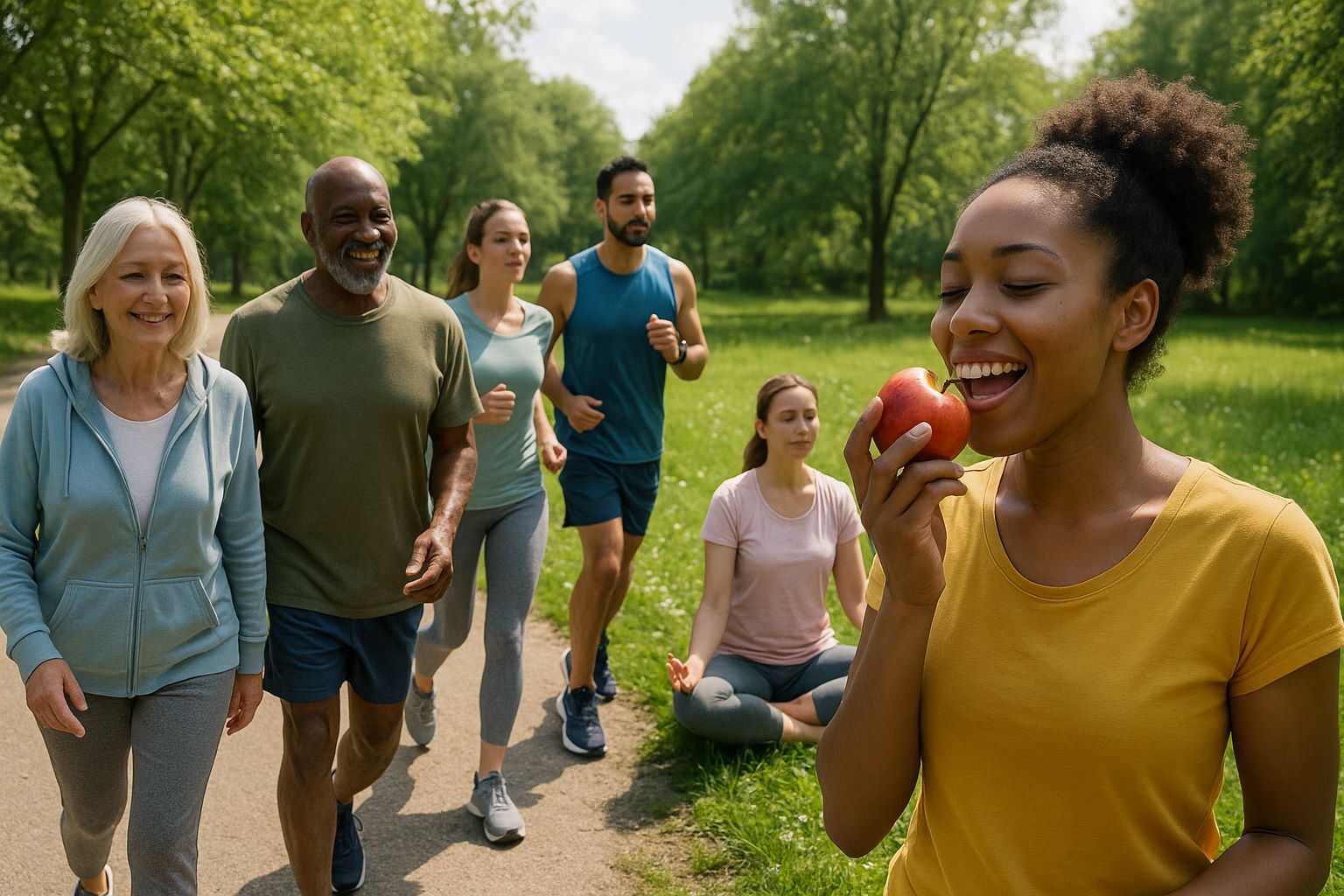A vibrant, diverse group of people of various ages engaged in healthy activities like walking, jogging, meditating, and eating fresh fruit in a bright, natural setting, symbolizing holistic well-being.