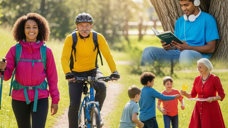 A diverse group of people enjoying various outdoor recreational activities in a sunny park, including a woman hiking, a man cycling, someone reading under a tree, and a group playing a game, conveying a joyful atmosphere.