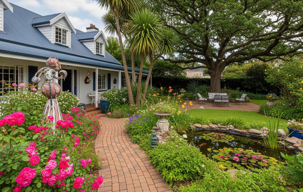 A well-maintained home with a charming garden featuring various plants, a brick walkway, and an outdoor seating area.