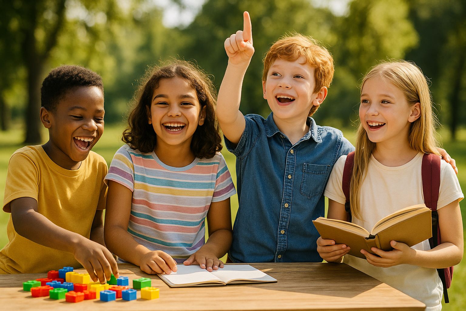 A group of four diverse and happy children playing and learning together outdoors at a wooden table with books and colorful blocks.